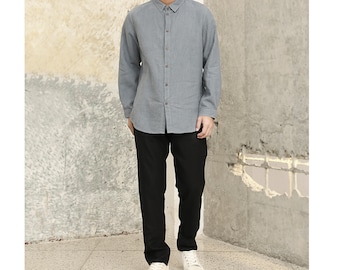 Chemise pour homme en lin pur avec boutons faits à la main / taille personnalisée / 9 couleurs