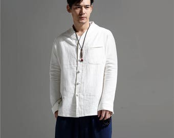 Classic Asian Design Linen Men's V Neckline Light Jacket with Handmade Buttons/Stand-up Collar/White/ 11 Colors/ RAMIES