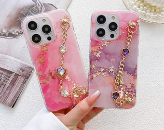 Coque pour iPhone en TPU marbré/23/24/avec cristaux tchèques brillants, strass, chaîne pour téléphone en métal doré/coeur diamant/pierre synthétique/iPhone 13/12/14 15