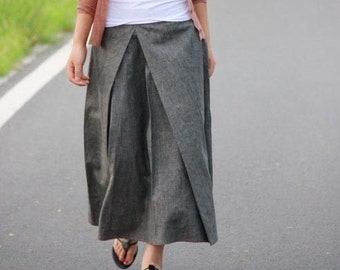 Pleated Linen Long Skirt/ Grey/ Black/ Navy/ RAMIES