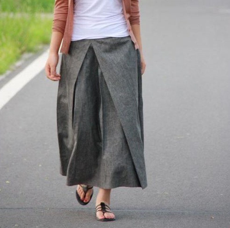 Pleated Linen Long Skirt/ Grey/ Black/ Navy/ RAMIES image 1