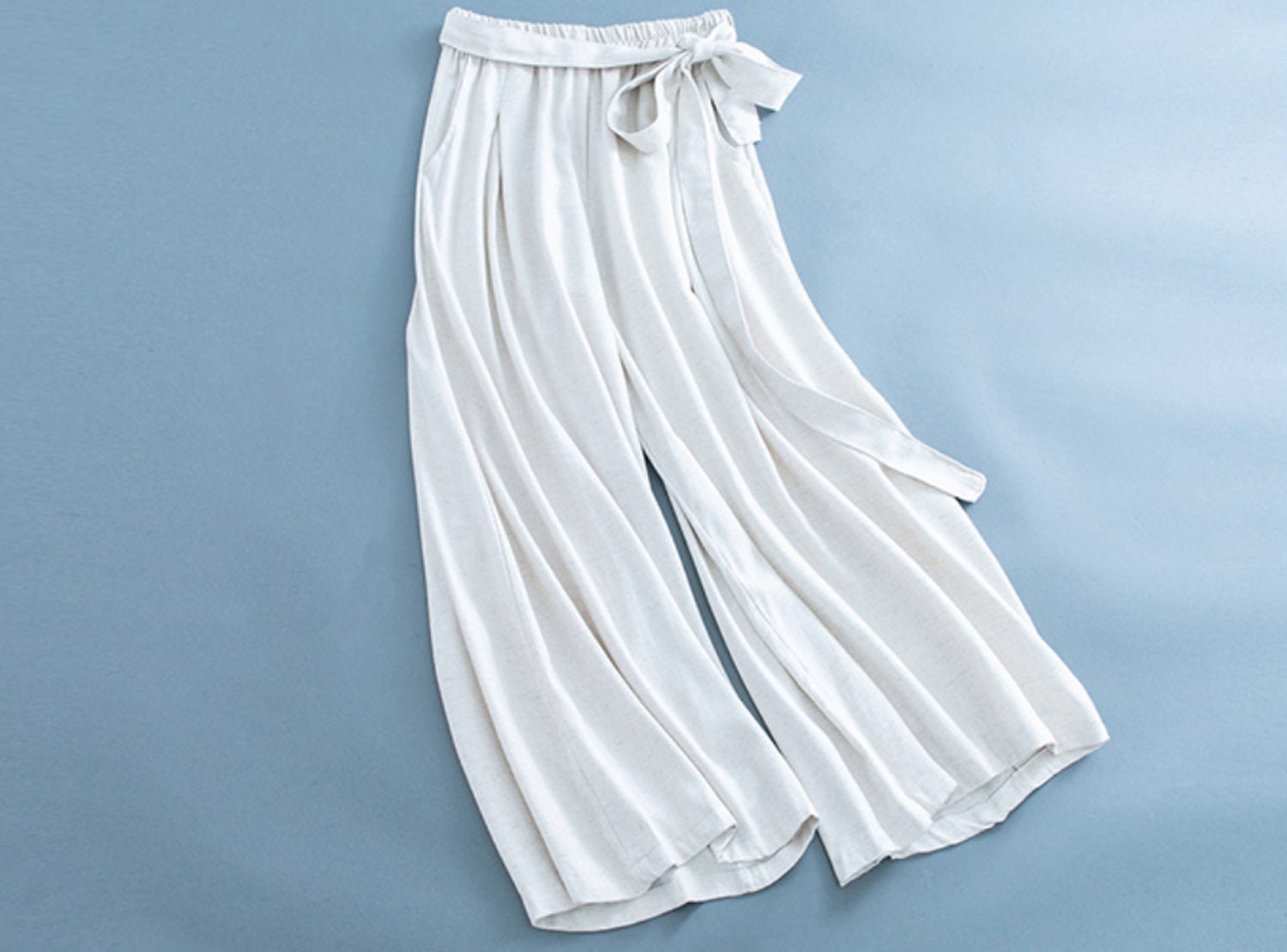 Women's /elastic Waist/linen Wide Leg Crop Pants/belt/pockets/culottes ...
