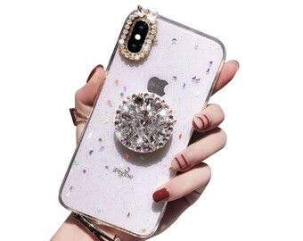 Diamond Glitter iPhone 14 case,Shiny Laser Moons and stars Resined Soft TPU Cover with Collapsible Grip /6 7 8 Plus X/12/ iPhone 11/Pro Max