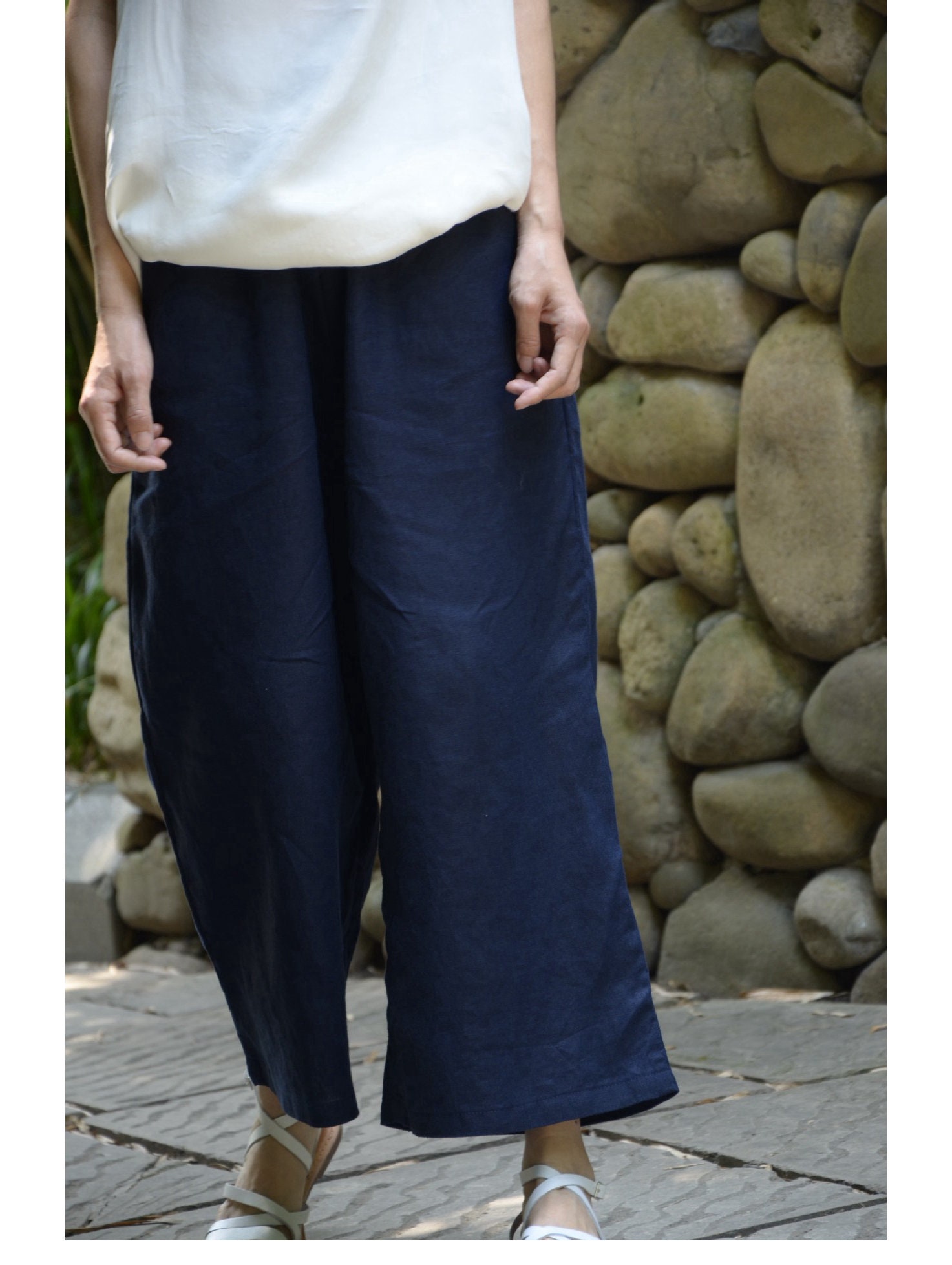 Women's /elastic Waist/linen Wide Leg Crop - Etsy