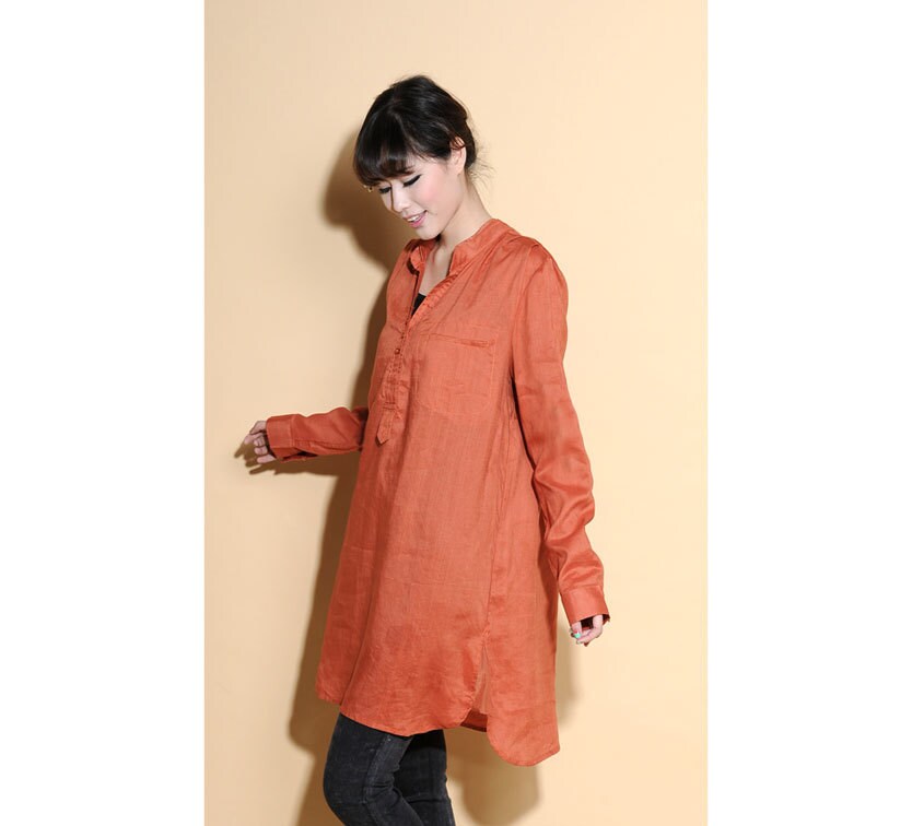 Simple and Elegant Linen Shirt Dress With Two Layers Collar/ Any Size