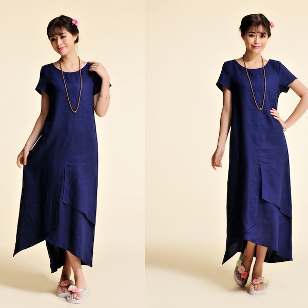 Bush lily/ Asian Style Two Layered  Linen Long Dress with Asymmetrical Hems /Short Sleeve/ 25 Colors/ RAMIES