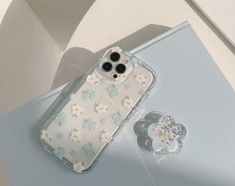 Clear iPhone 15/14/13/12/11 Case with Quicksand Liquid Gel Hybrid Collapsible Grip/Glitter Sparke/Peaches/flowers/Blue/ PRO MAX/8/XR