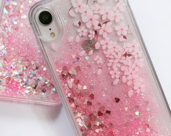 3D iPhone 14/13/12/11/XS Case/Plum Blossom/Pink Little Flower/ Fallen Petals/Quicksand Liquid Gel Hybrid,Glitter Sparkle/7 8 Plus Xr Max,Pro