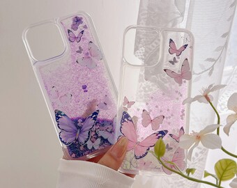 Papillons 3D/Coque pour Samsung Galaxy S22/23/Rose/Violet/ Hybride gel liquide scintillant scintillant avec sables mouvants dégradé/iPhone 15/Achetez-en un, recevez-en un gratuit