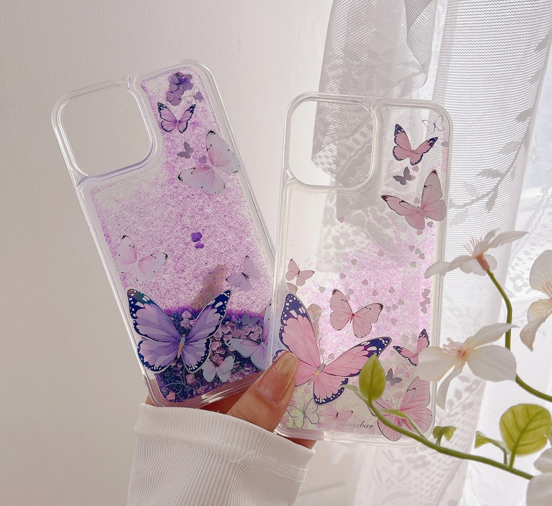 3D Butterflies/Samsung Galaxy Case S22/23/Pink/Purple/ Gradient Quicksand Liquid Gel Hybrid Glitter Sparkle/iPhone 15/ Buy One Get One Free image 1