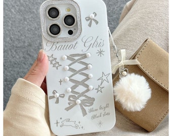 Lovely iPhone 15/14/13/12/MAX case/Pearls and Ribbons/Shiny Rhinestones White TPU Cover with beads Bow Decoration/Chain/Artificial Jewelry