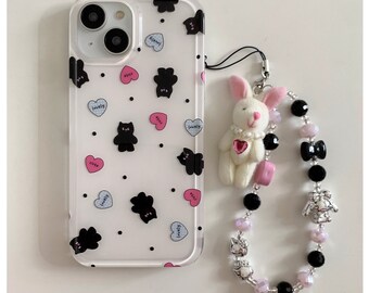 Belle coque pour iPhone 15/14/13/12/MAX à imprimé chats noirs/roses/coeurs/coque en TPU avec lapin/oursons argentés/chaînes de perles/cadeau pour fille