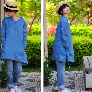 Half Button-Down Long Blouse/ Drawstring Linen Shirt Dress/ 35 Colors/ Any Size/ RAMIES