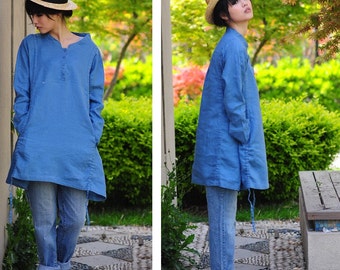 Half Button-Down Long Blouse/ Drawstring Linen Shirt Dress/ 35 Colors/ Any Size/ RAMIES