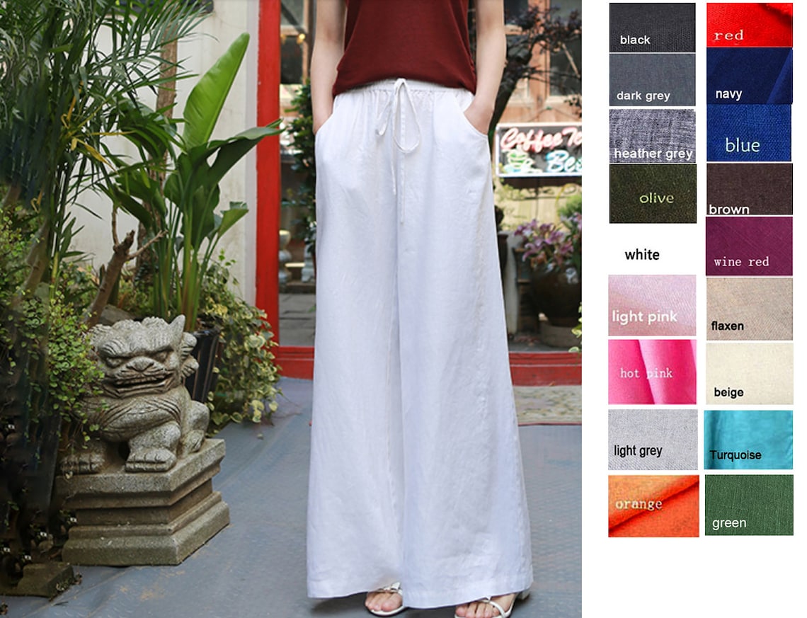 Loose White Embroideried Elastic Waist Silk Linen Wide Leg Pants Summer main image 1