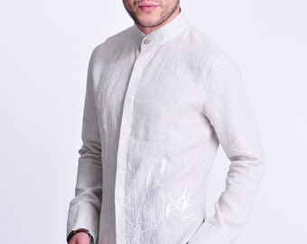 Apaisant en bambou / lin chemise d'homme avec motif de broderie de bambou chinois / 9 couleurs / RAMIES