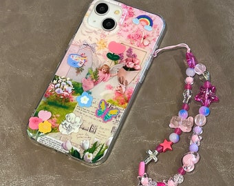 Jolie coque pour iPhone 15/14/13/12/MAX à imprimé graffitis/paradis/ange/filles/fleurs/chiens/étui en TPU avec étoiles/ours/chaîne de perles/cadeau pour fille