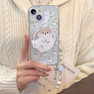 Magsafe/iPhone 15/14/13/12/MAX/Coque magnétique/Imprimés chats/Fleurs/Coque en TPU transparent avec poignée pliable et chaîne de perles coeurs étoiles image 4