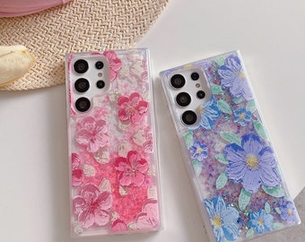 3D Flowers/Sakura/Glitter Samsung Galaxy Luminous Case S24/23/Quicksand Liquid Gel Hybrid Glitter Sparkle/iPhone 15/ Buy One Get One Free