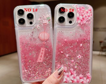 3D iPhone 15/14 Case/Fallen Petals Glitter/Small Petals/Chinese Style/Peace and joy/Quicksand Liquid Gel Hybrid Glitter Sparkle