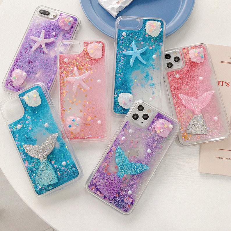 Mermaid/ Starfish/Shells/3D Resin-poured/13/12/11 iPhone Case/3D Glitter/Quicksand Liquid Gel Hybrid/Glitter Sparkle/Samsung 21/20/plus/Gift 