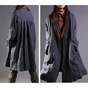 RAMIES/ Free Style Pleated Linen Long Jacket/ Cape/ Black