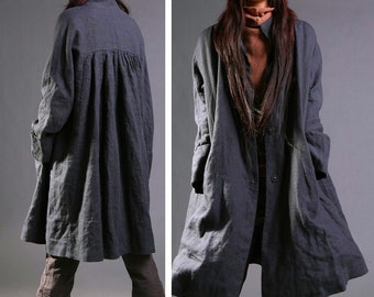 RAMIES/ Free Style Pleated Linen Long Jacket/ Cape/ Black