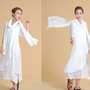 Elegant Silk-linen Blend Two Layered Long Dress with Scarf/Sweetheart Neckline/21 Colors/Any sizes/ RAMIES