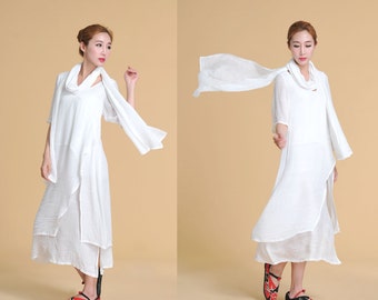 Elegant Silk-linen Blend Two Layered Long Dress with Scarf/Sweetheart Neckline/21 Colors/Any sizes/ RAMIES