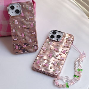 Lovely iPhone 15/14/13/12/MAX case/Cute Bunnies/Rabbits/Flowers/Trees/Shiny Lase White/Pink TPU Cover with Beads Phone Chain image 3