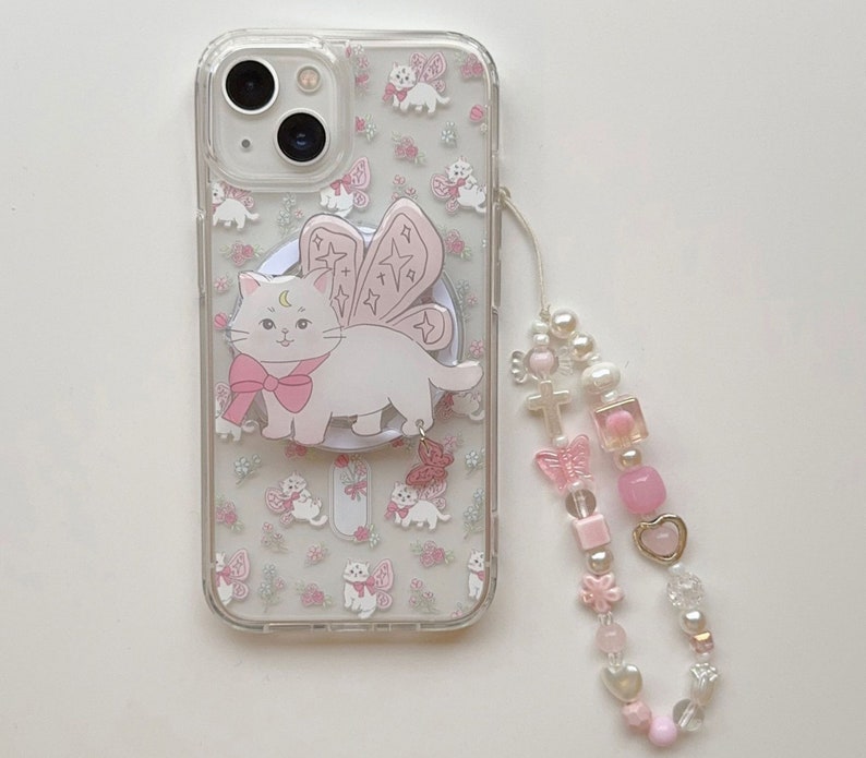 Magsafe/iPhone 15/14/13/12/MAX/Magnetic case/Printed Cats/Flowers/Clear TPU Cover with Collapsible Grip and Heart Stars Pearl Beads Chain imagem 6