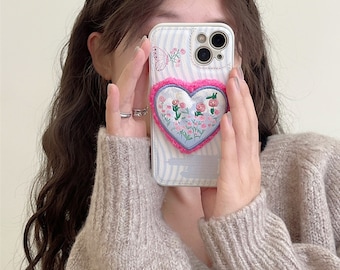 Lovely Embroidered TPU iPhone 15/14/13/12 Case/Cute Printed Pink Flowers/Butterfly/Heart Ornament /Light Blue/Synthetic Leather/Retro Style