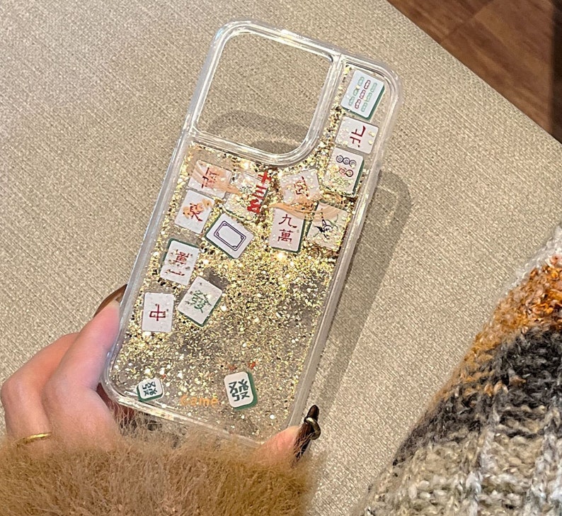 3D iPhone 15/14/11/12 Case/Chinese Mahjong/Golden Quicksand Liquid Gel Hybrid Glitter Sparkle/Gift/Lucky/Buy One Get One Free image 2