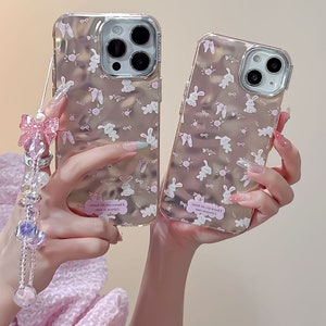 Lovely iPhone 15/14/13/12/MAX case/Cute Bunnies/Rabbits/Flowers/Bows/Shiny Lase White/Pink TPU Cover with Lase Colorful Beads Phone Chain image 2