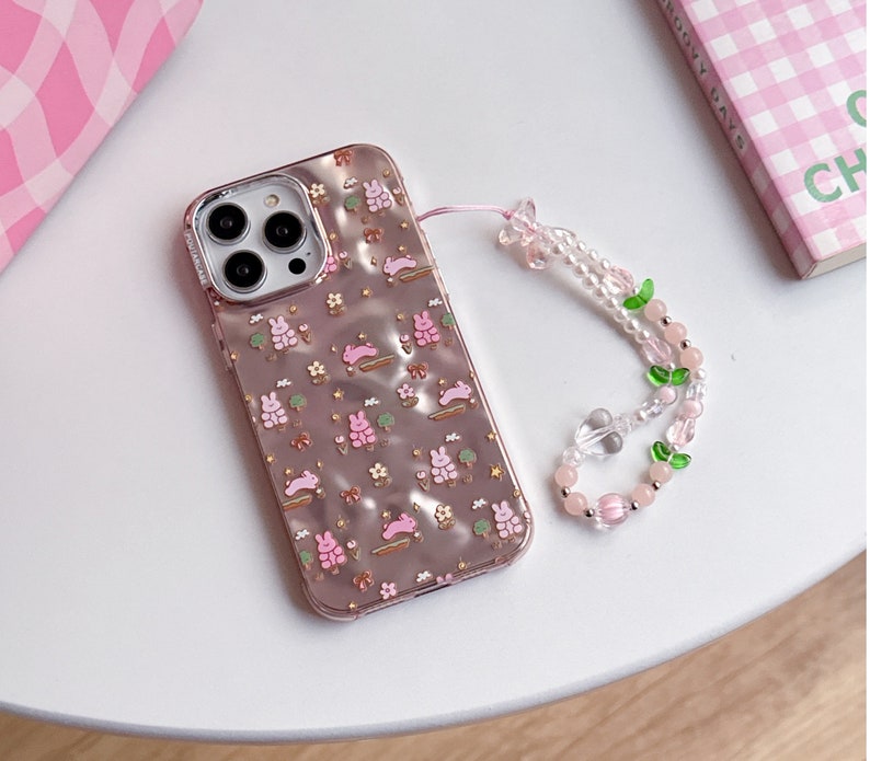 Lovely iPhone 15/14/13/12/MAX case/Cute Bunnies/Rabbits/Flowers/Trees/Shiny Lase White/Pink TPU Cover with Beads Phone Chain image 5