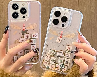 Coque 3D pour iPhone 15/14/11/12/Mahjong chinois/Golden Quicksand Gel liquide hybride scintillant scintillant/Cadeau/Porte-bonheur/Achetez-en un, obtenez-en un gratuit