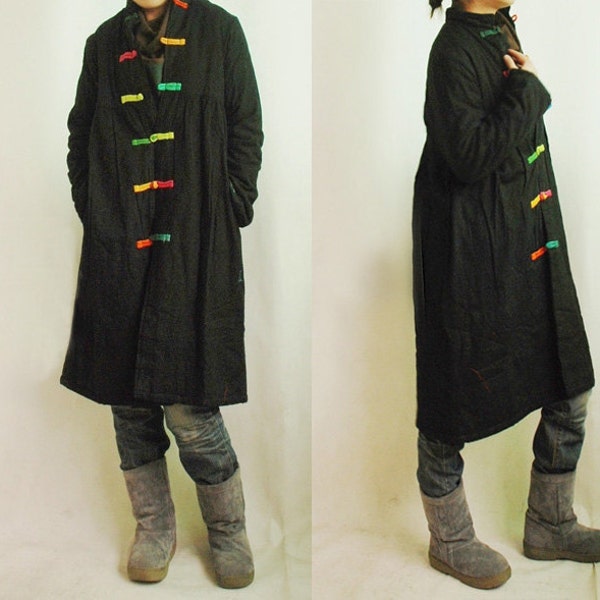 Ethnic Style Babydoll Long Winter Coat with Handmade Colored Buttons/ 9 Colors/ RAMIES