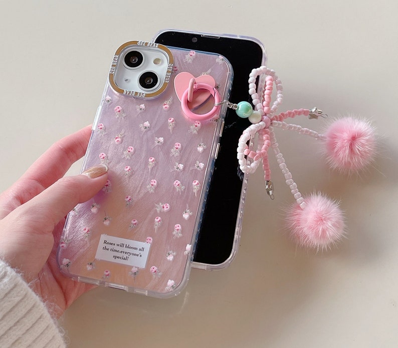 Lovely iPhone 15/14/13/12/MAX case/Flowers/Shiny Lase White/Pink TPU Cover with beads Bow Chain/Beads/Heart/Cute/Gift/ image 2