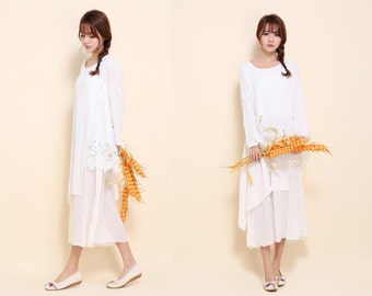 Asymmetrical Lace-hemmed Dress with Long Sleeve /Asian Style Two Layered Linen Long Dress/ 3 Colors/ RAMIES