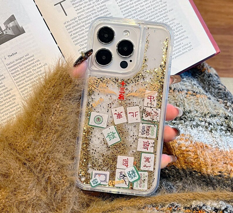 3D iPhone 15/14/11/12 Case/Chinese Mahjong/Golden Quicksand Liquid Gel Hybrid Glitter Sparkle/Gift/Lucky/Buy One Get One Free image 3