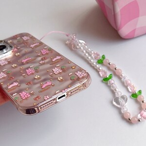 Lovely iPhone 15/14/13/12/MAX case/Cute Bunnies/Rabbits/Flowers/Trees/Shiny Lase White/Pink TPU Cover with Beads Phone Chain image 7