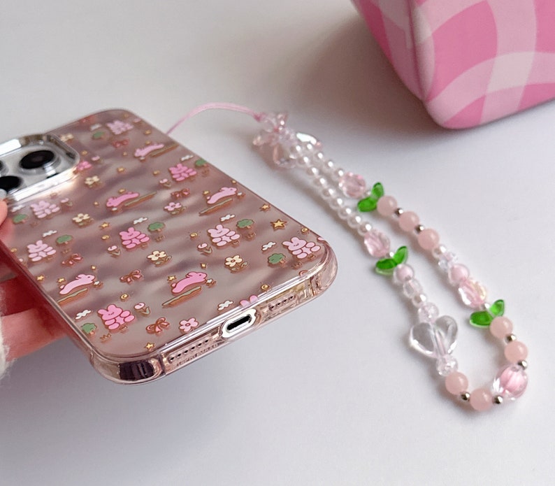 Lovely iPhone 15/14/13/12/MAX case/Cute Bunnies/Rabbits/Flowers/Trees/Shiny Lase White/Pink TPU Cover with Beads Phone Chain image 7