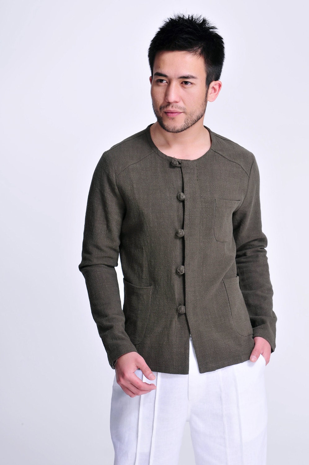 Evergreen / Linen Men's Light Jacket With Chinese Handmade - Etsy