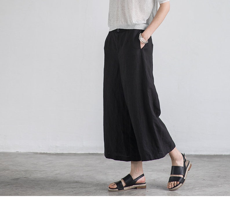 Women's /elastic Back Waist /linen Wide Leg Crop Pants/culottes /ankle ...