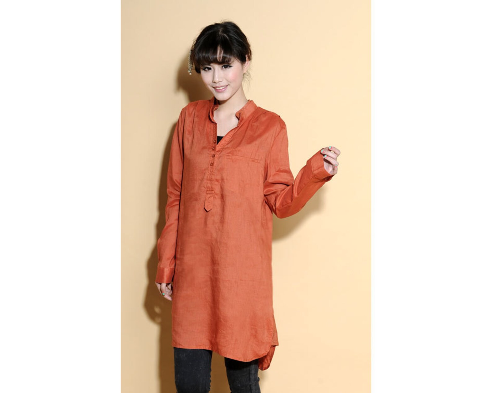 Simple and Elegant Linen Shirt Dress With Two Layers Collar/ Any Size