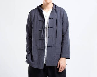 Sweat à capuche pour homme en lin de style chinois / veste légère avec boutons faits à la main / gris foncé / 10 couleurs / RAMIES