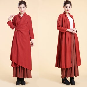 Free Style Linen Long Coat  with Bamboo Brooch/ Pleated Long Cape/ 12 Colors/ RAMIES