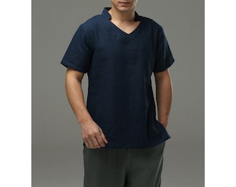 Pull Long chemises Style asiatique lin hommes à courte manches/Stand-up Collar/V cou ligne/marine/blanc/10 couleurs / toute taille / RAMIES