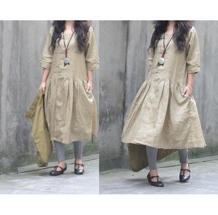 Leisure Style Dress With Handmade Knot Buttons/ Long Sleeves or 3/4 ...