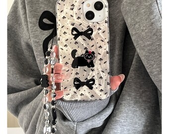 Lovely iPhone 15/14/13/12/MAX case/Cute Black Cat Flowers Bows/Shiny Lase White TPU Cover with  bear Beads Phone Chain